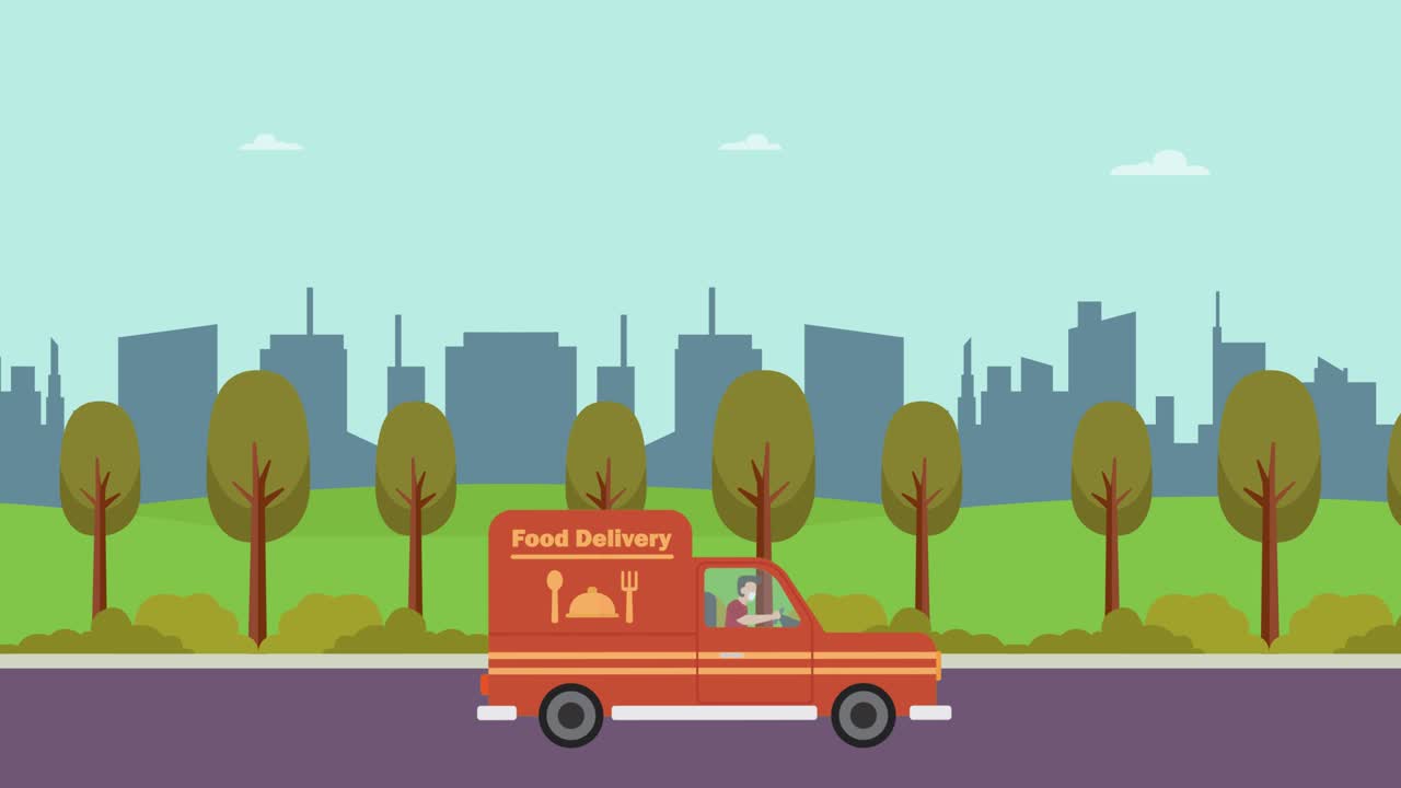 음식 을 배달 하는 남자 택배자 가 밴 을 운전 하고 있다