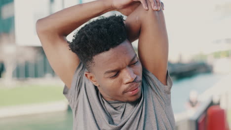 fitness, wellness and black man stretching