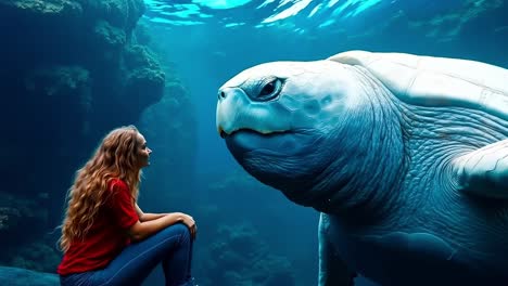 a woman sitting on a rock looking at a turtle in an aquarium