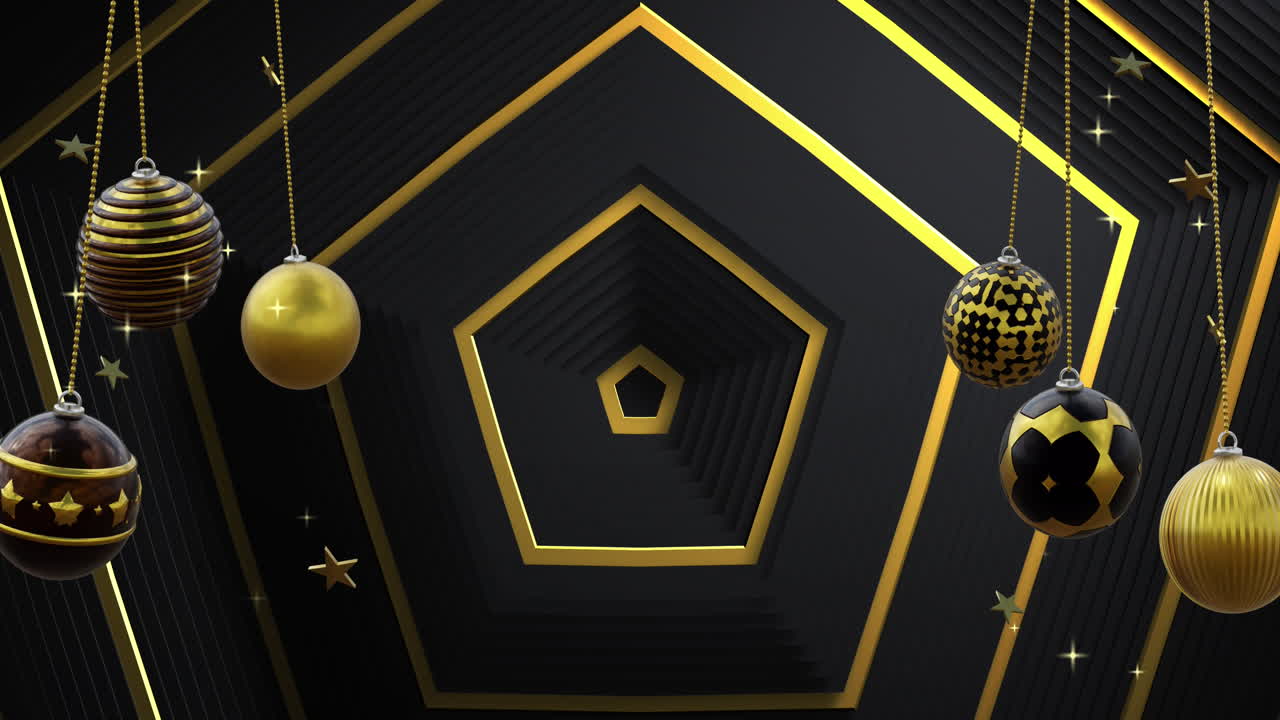 Swinging black and gold christmas baubles and stars over gold hexagons on black background