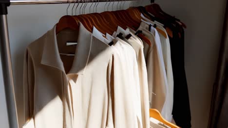 organized wardrobe with neutral-colored clothing