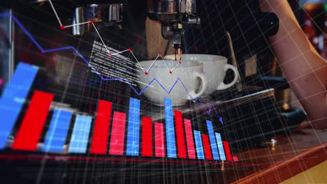 Animación-De-Múltiples-Gráficos,-Base-De-Datos-Sobre-Manos-Recortadas-Preparando-Café-A-Través-De-Una-Máquina-De-Espresso