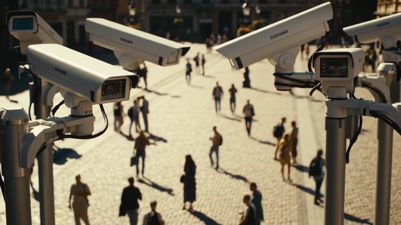 Surveillance Systems Observing Urban Foot Traffic in a Modern Cityscape with Multiple CCTV Cameras Capturing Daily Life and Activity in a Public Space