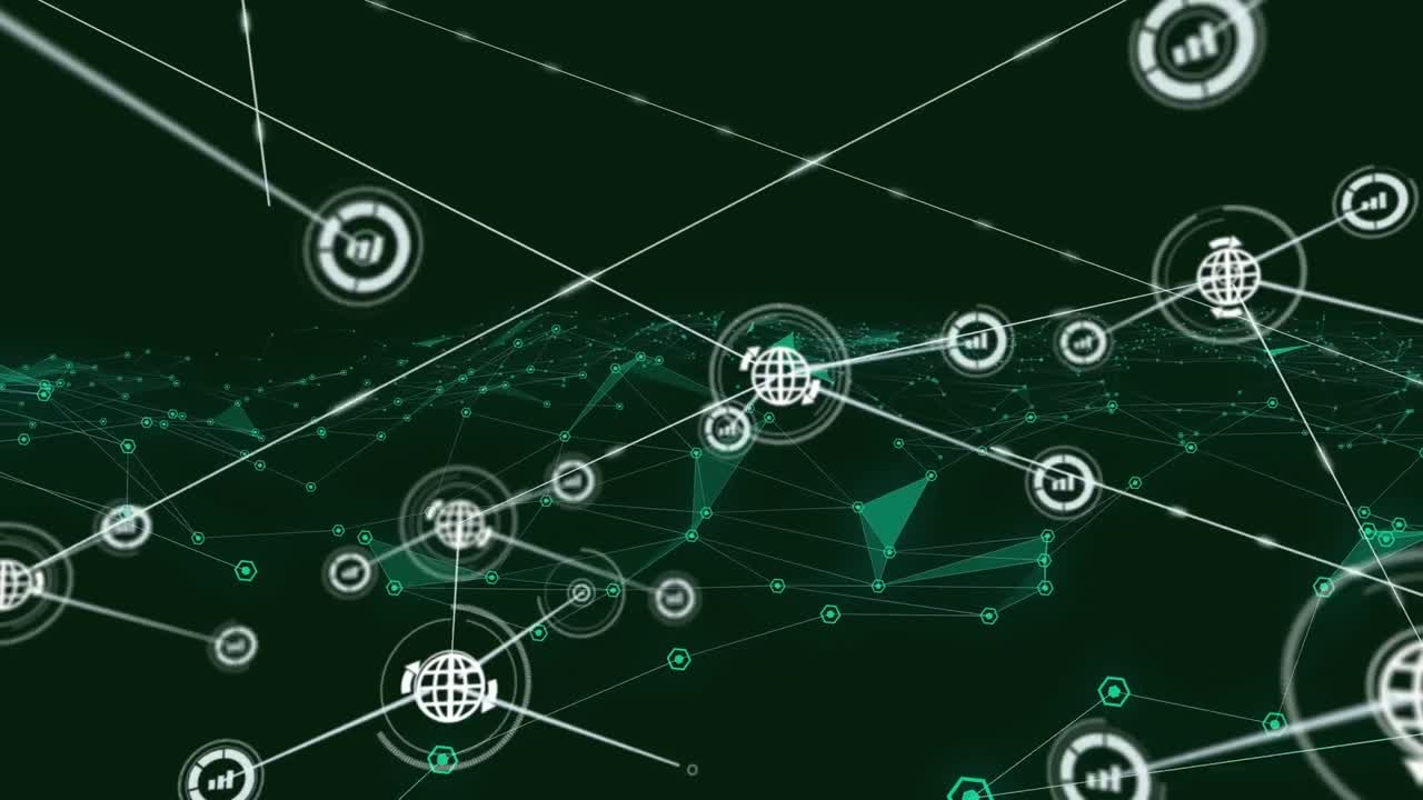 Animation of network of connections with icons over blue connections