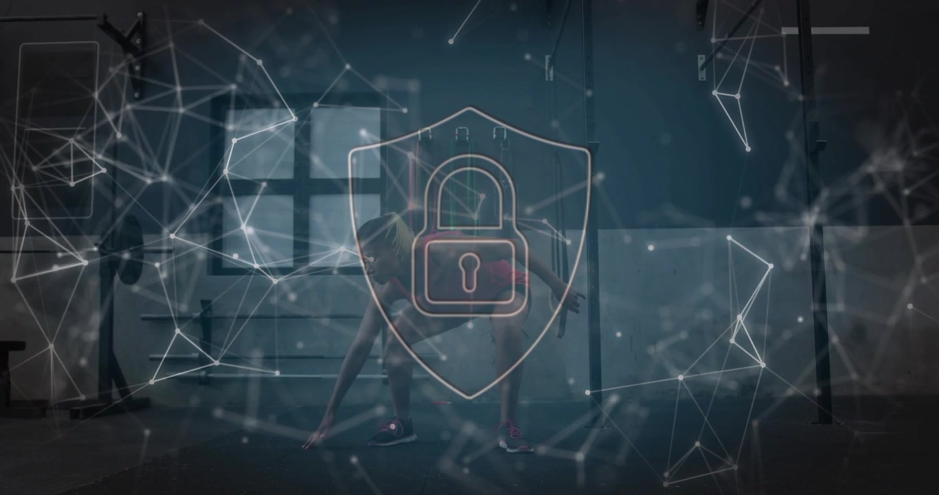Woman jogging after padlock shield appearing, running then squatting for fitness as nodes animating