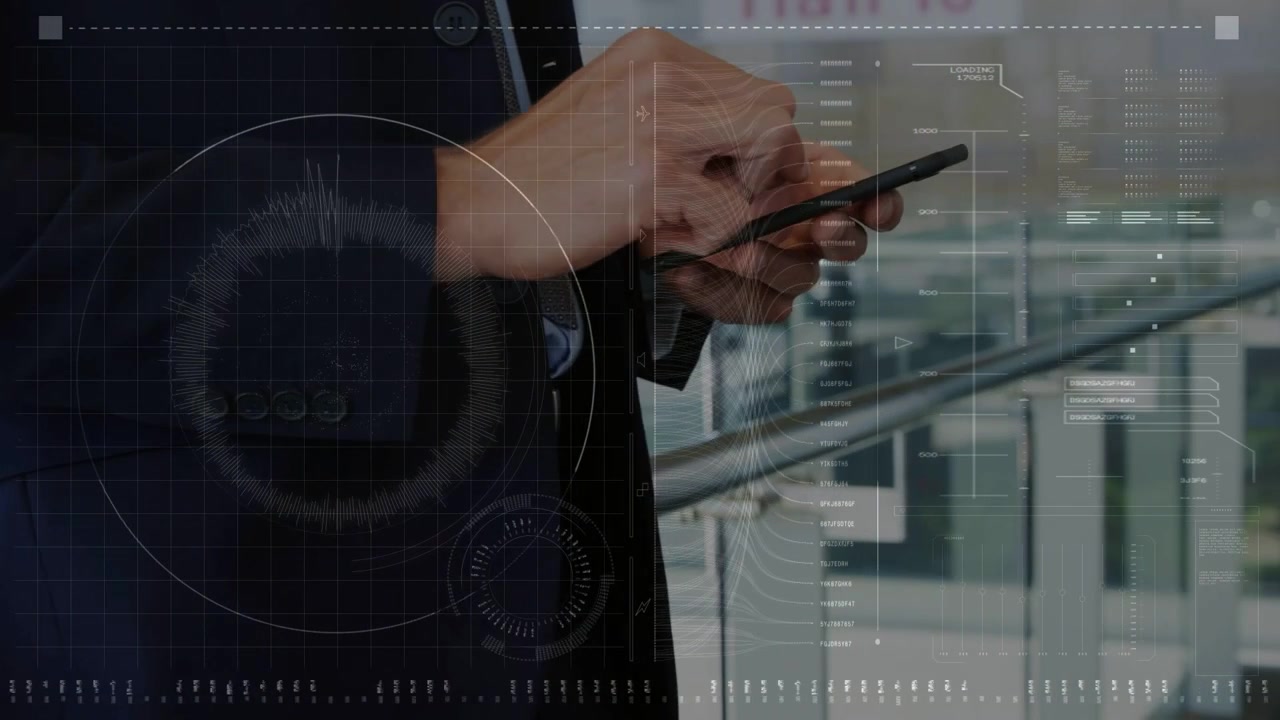Man in suit initiating HUD by tapping smartphone, swiping, typing while checking business dashboard