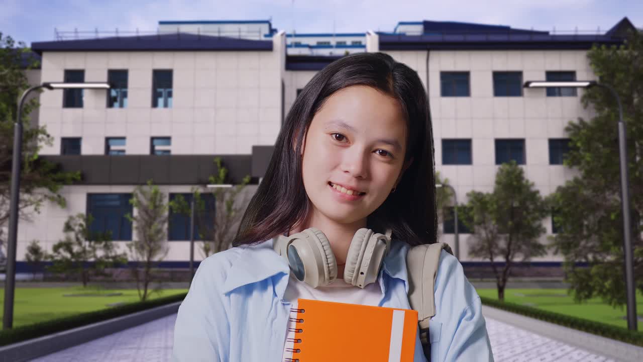 close up de una estudiante adolescente asiática con una mochila sosteniendo algunos libros y sonriendo a la cámara mientras está de pie frente a un edificio escolar
