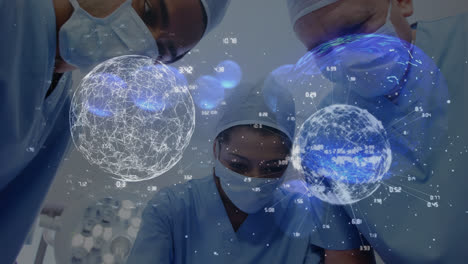 animation of globes over diverse surgeons with face masks