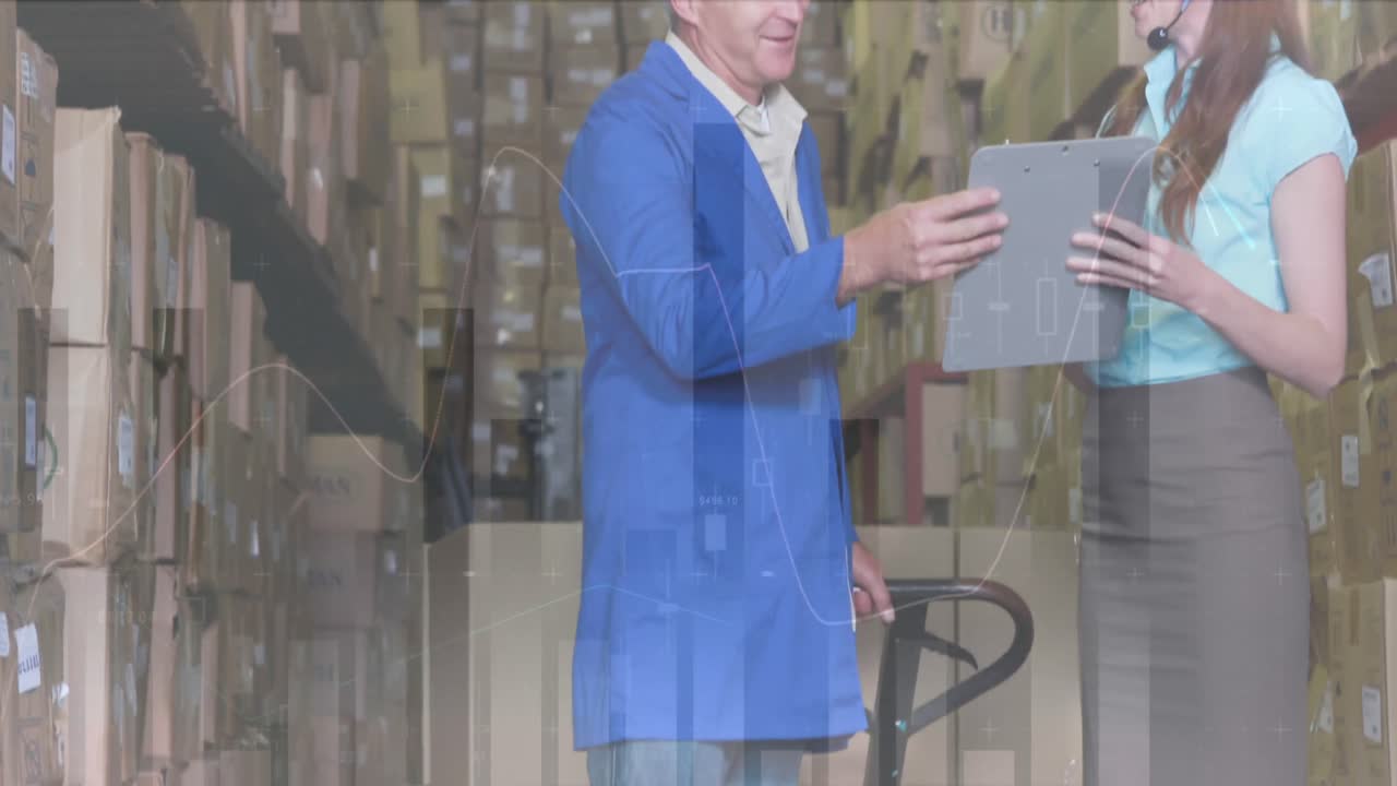 창고의 배달 남자와 여자에 대한 통계 및 금융 데이터 처리의 애니메이션