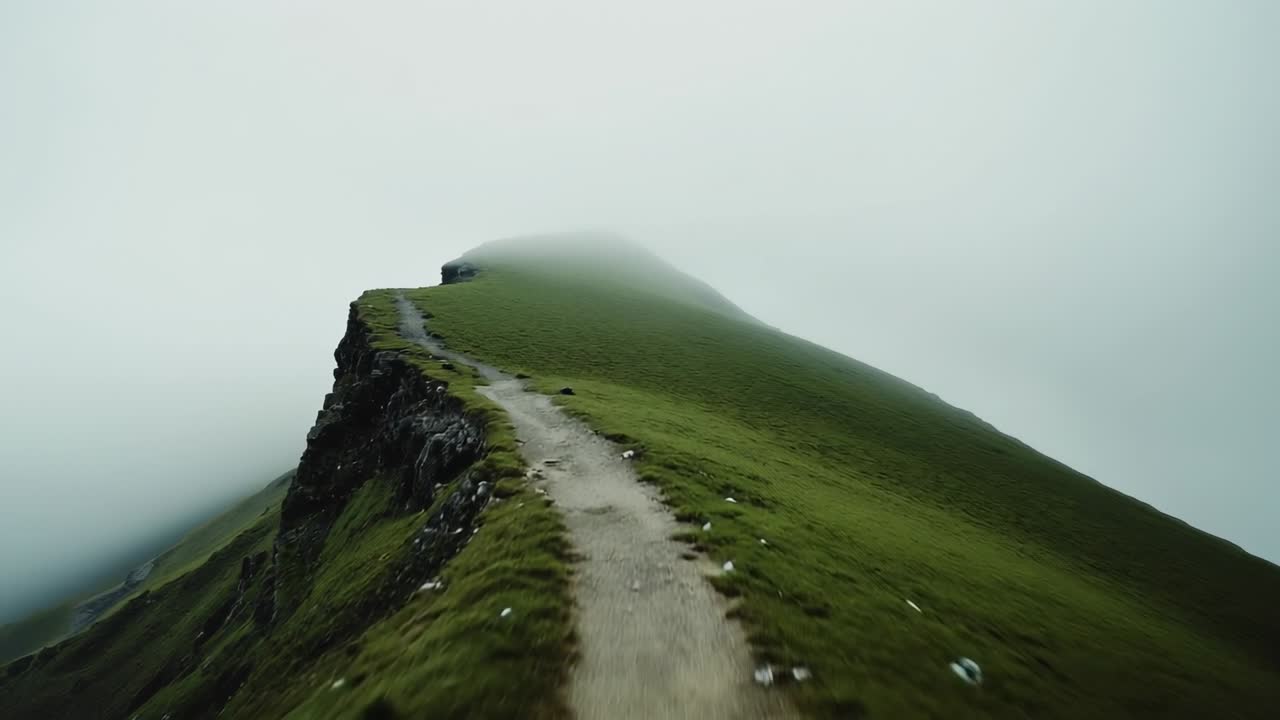 Opening drone shot initiating gliding along grassy mountain ridge, capturing winding dirt footpath