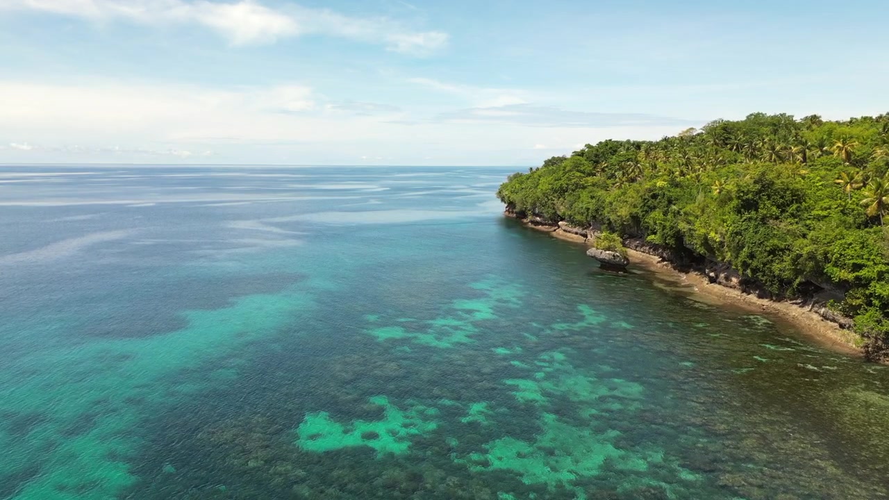 Laguna turchese e giungla tropicale Isola di Samal, Davao, Filippine. Tracciamento lento con drone in 4K a 30FPS
