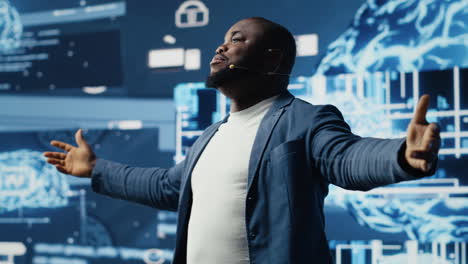 african american tech expert presenter speaking about ai at modern event