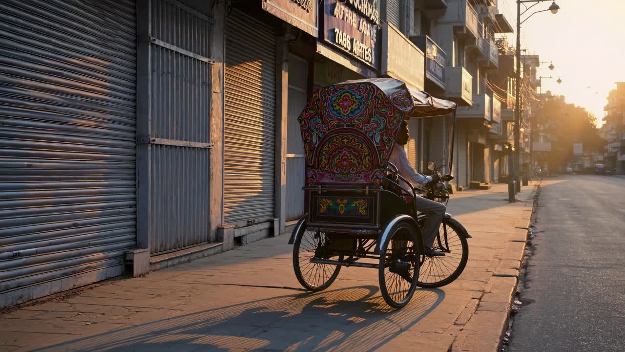 Traditional rickshaw parked on a quiet sidewalk in a deserted street at sunrise, surrounded by closed shops and bathed in soft sunlight, casting long, serene shadows