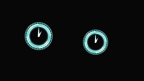 Animation-of-two-clocks-moving-fast-over-black-background