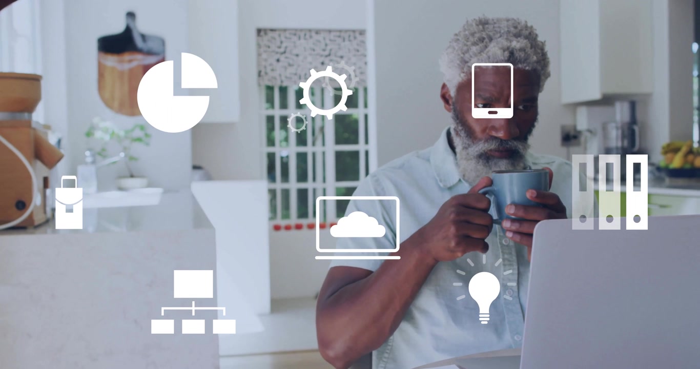 Drinking coffee and working on laptop, man with business icons animation over