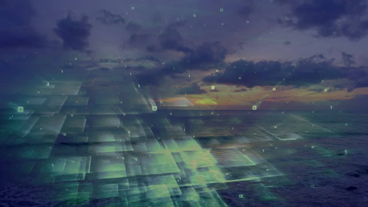 Animation of digital data patterns overlaying serene ocean sunset scene