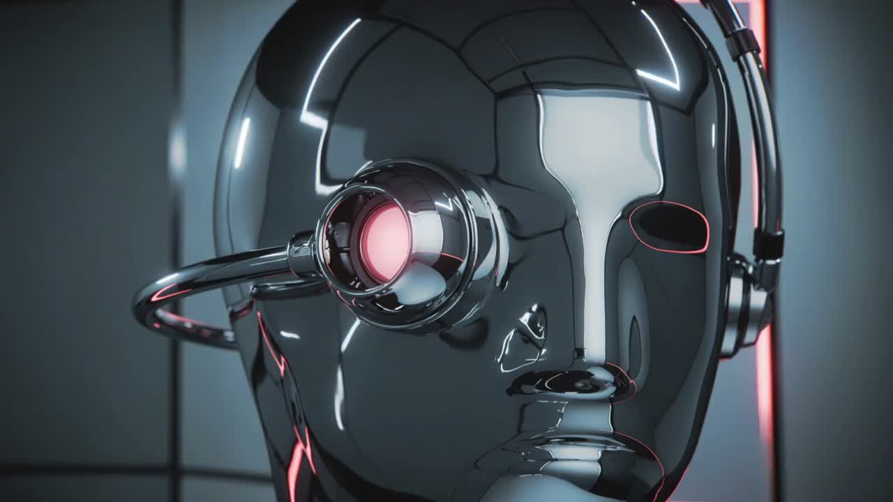 Receiving signal chrome head activating optic in pink-lit lab for scan, camera moving closer right