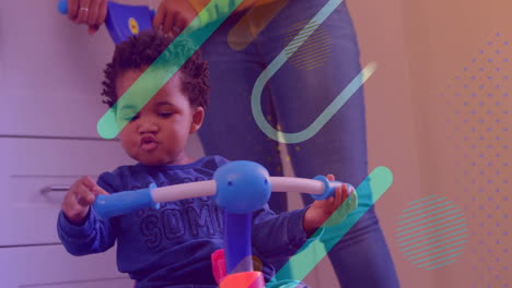 animación de formas coloridas sobre niños jugando con bicicletas de juguete en interiores