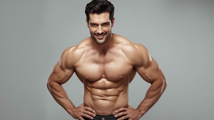 Posing shirtless male wearing dark trousers turning head at studio with camera rolling for modeling