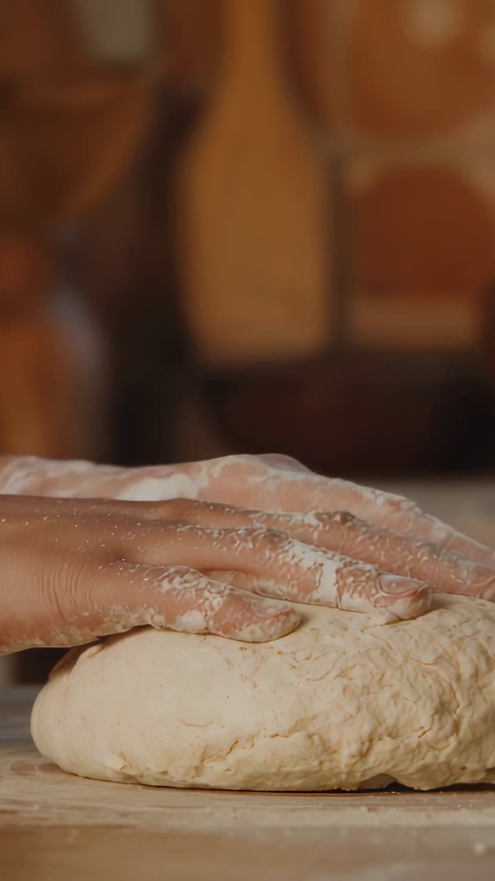 Vertical video: Landing flour-dusted hand pressing dough ball on wooden board in kitchen for baking
