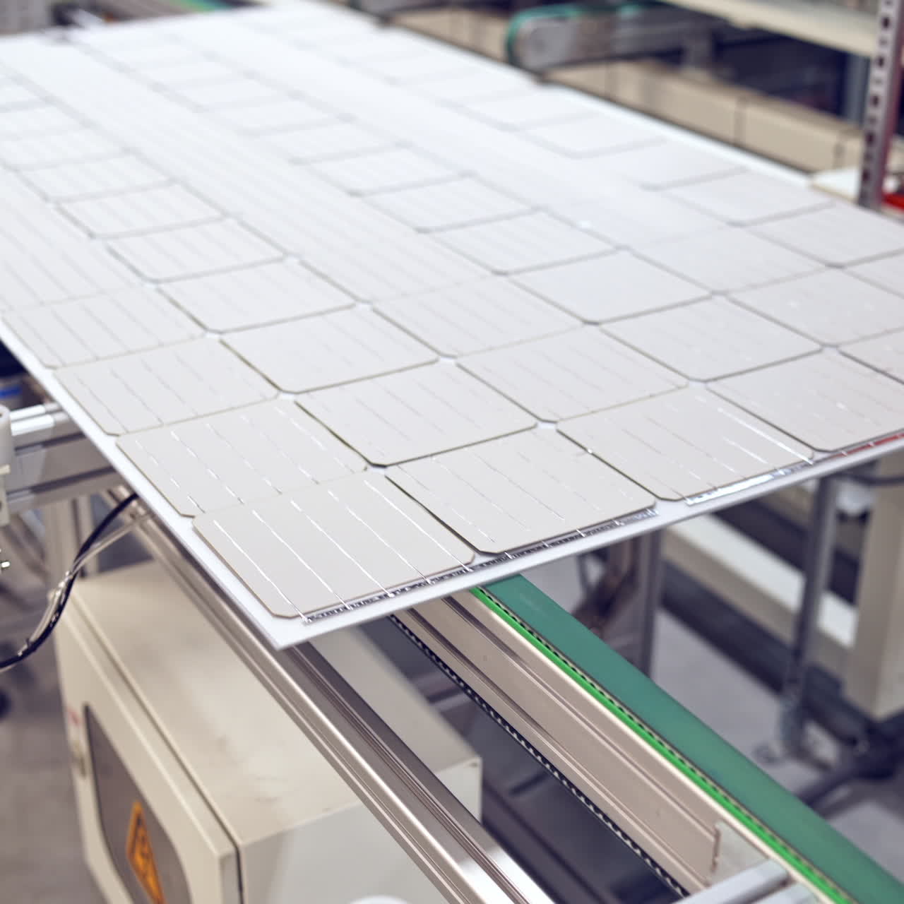 Solar panel moves on a conveyor belt in the robotic factory. Modern plant of producing ecological solar cells. Automated factory indoors.