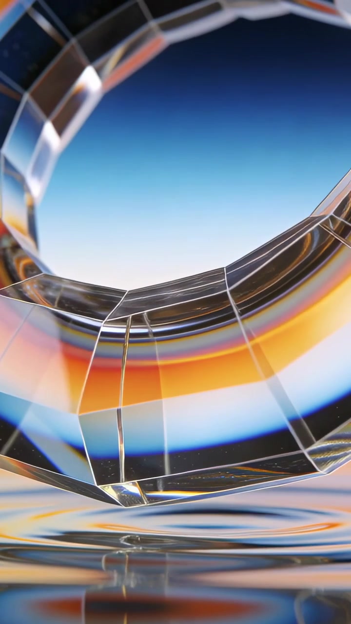 Vertical video: Rotating faceted torus reacting to light, sliding above water plane, blue gradient
