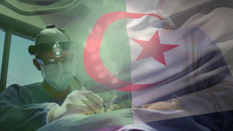 Animation of flag of algeria waving over surgeons in operating theatre