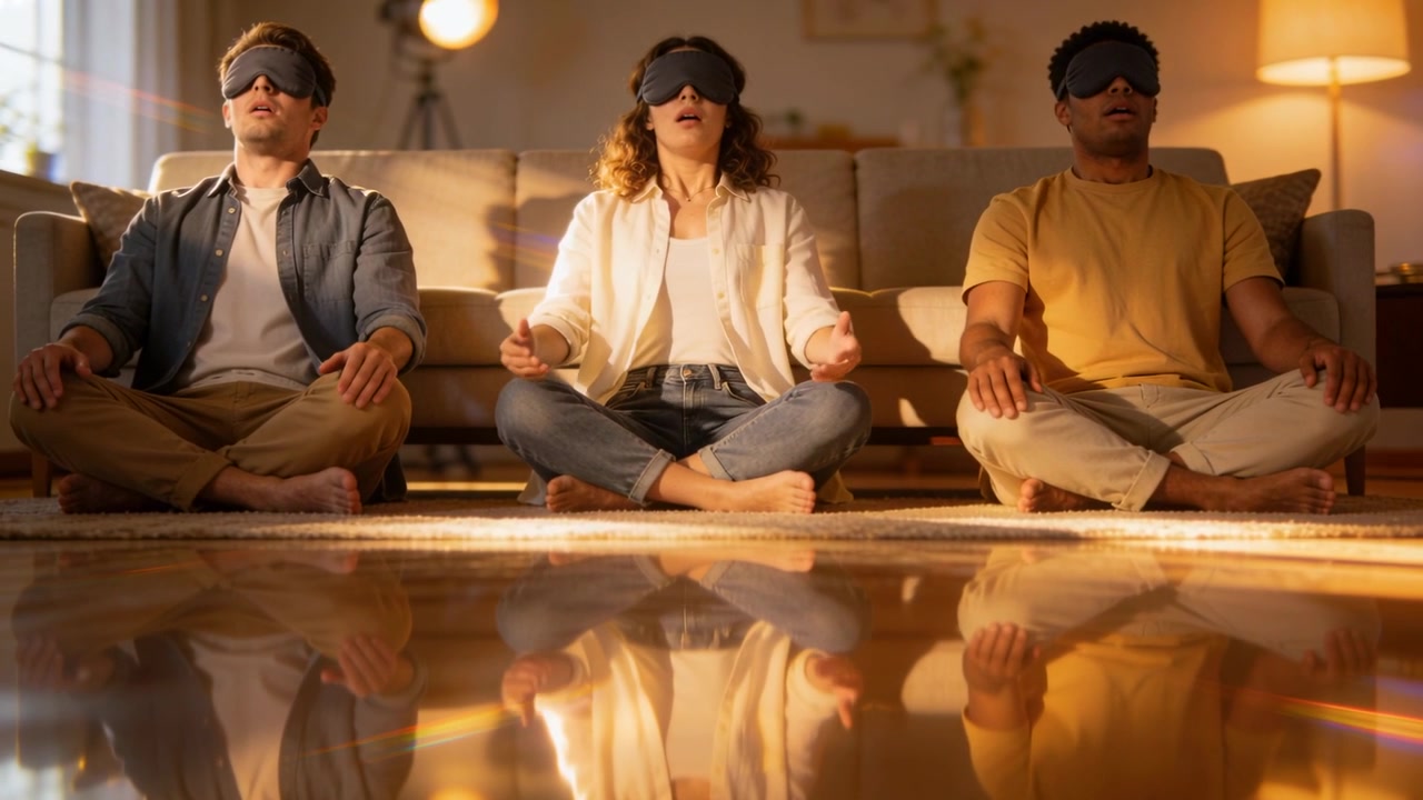 Iniziando una meditazione guidata, tre adulti seduti a gambe incrociate a casa, aprono i palmi indossando maschere per gli occhi.