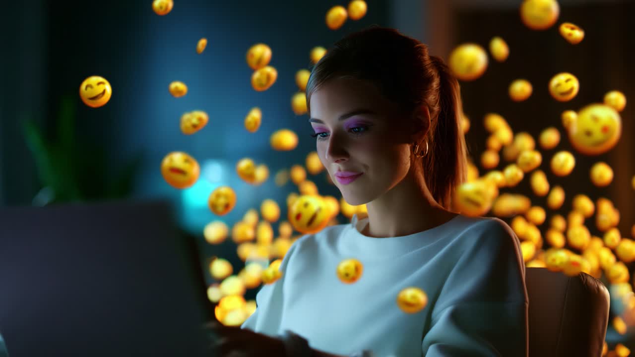 A young woman sits calmly at her laptop, surrounded by golden emoji faces that float in the air, creating a whimsical and light-hearted atmosphere that highlights her engagement with digital communication