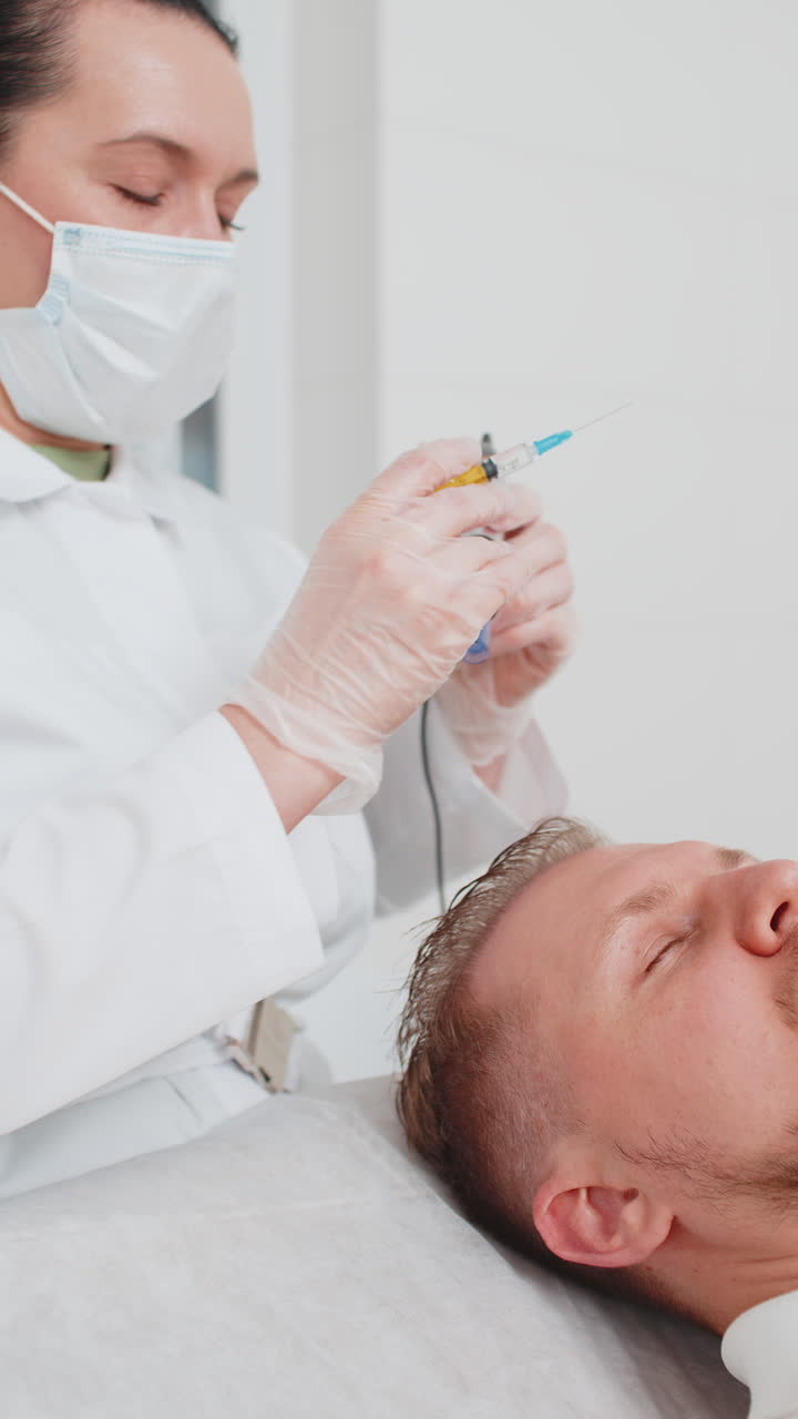 tricólogo haciendo hombre mejorar el crecimiento del cabello procedimiento dermapen microneedling inyecciones de vitaminas