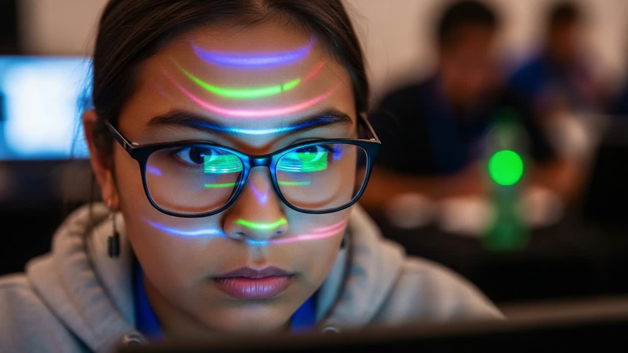 En fokuseret person med briller udviser intens koncentration, mens vedkommendes ansigt er belyst af farverige lysmønstre i et digitalt miljø, hvilket viser blandingen af teknologi og engagement under en workshop eller et arrangement