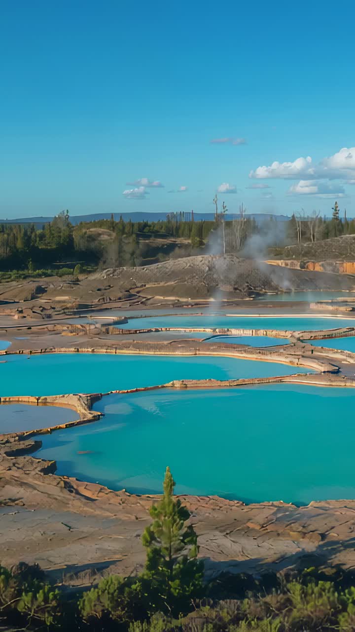 Vertical video: Rising camera revealing turquoise pools on rims at terraces as steam plume drifting