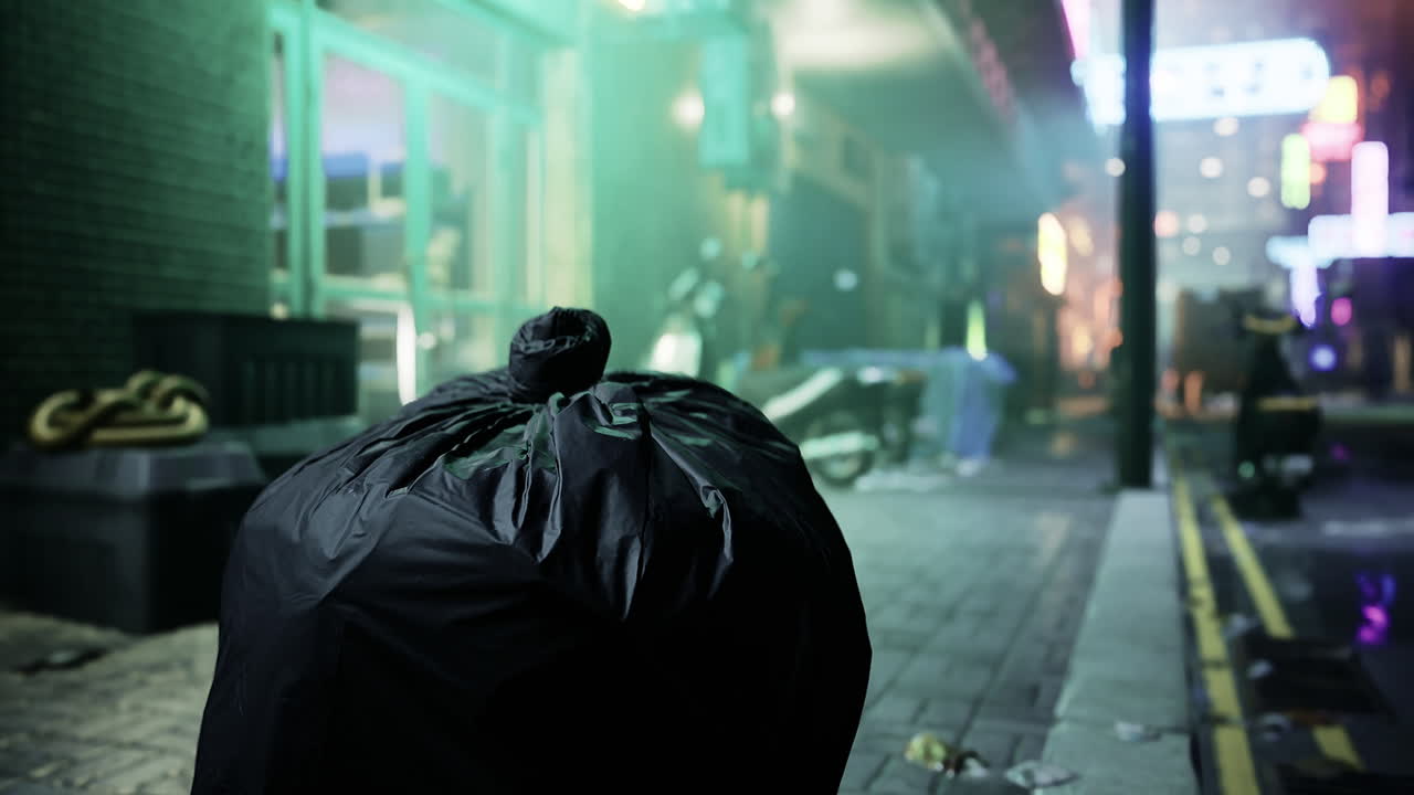 Trash bag left on a foggy street corner in urban nightlife environment