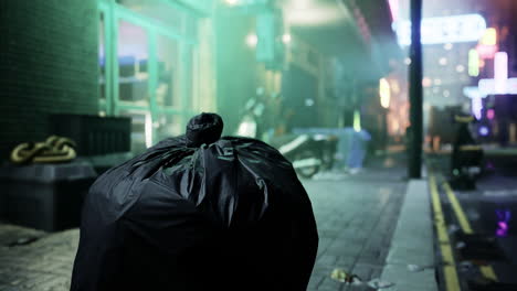 trash bag left on a foggy street corner in urban nightlife environment