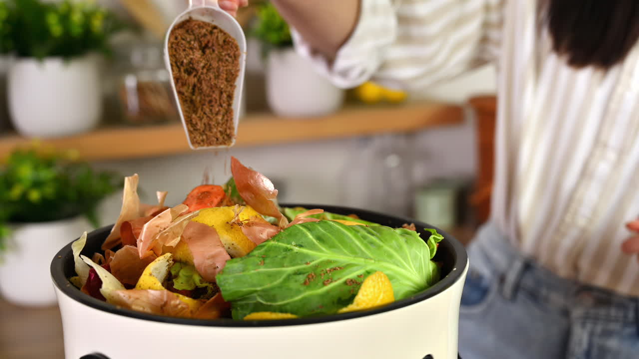 Woman pouring bokashi fermentation starter in a compost bin with organic food waste. Responsible woman recycling leftovers into natural fertilizer. Ecological and sustainability concept