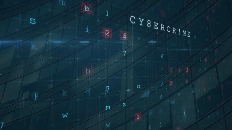 Animazione di elaborazione dati di cyberattacco su sfondo di edificio moderno