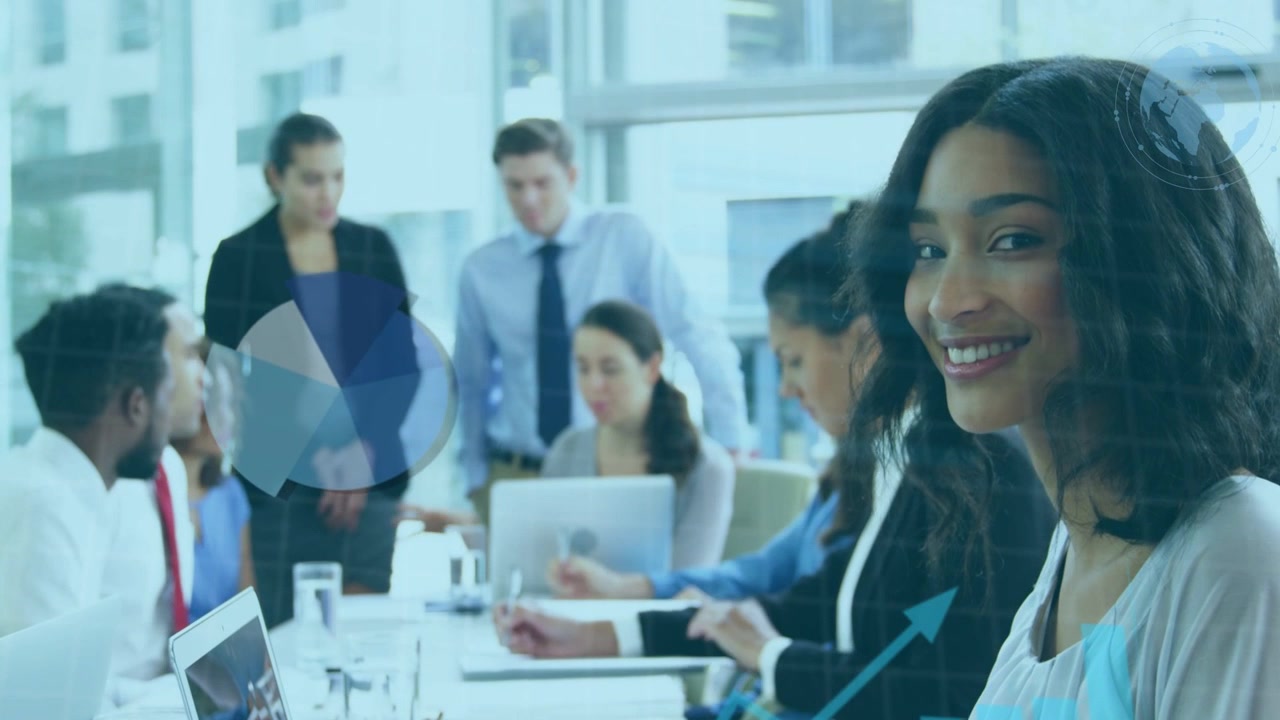 Woman typing on laptop and updating overlaid bar line pie charts while team analyzing business data