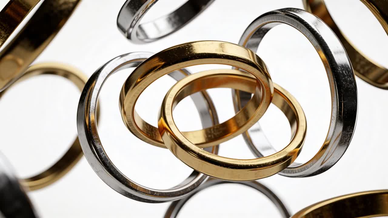 Metallic ring cluster rotating on studio rig, revealing gold silver interlock for jewelry marketing