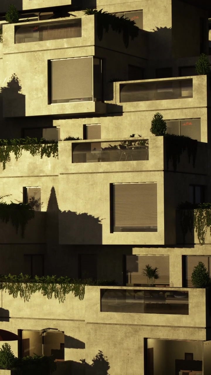 Edifício moderno com múltiplos andares e vegetação em um cenário urbano.