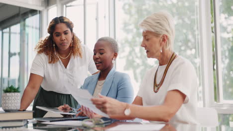 tablet, documents and teamwork of business women