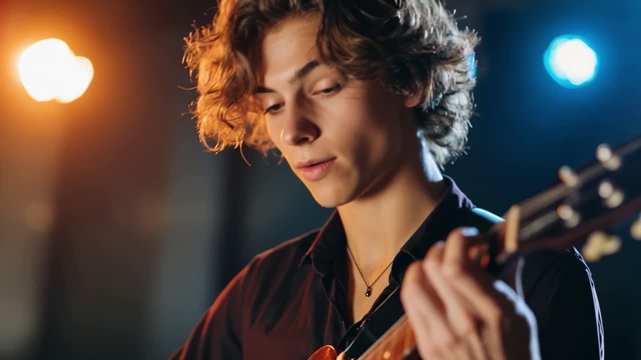Giovane uomo che suona la chitarra acustica con luci di scena