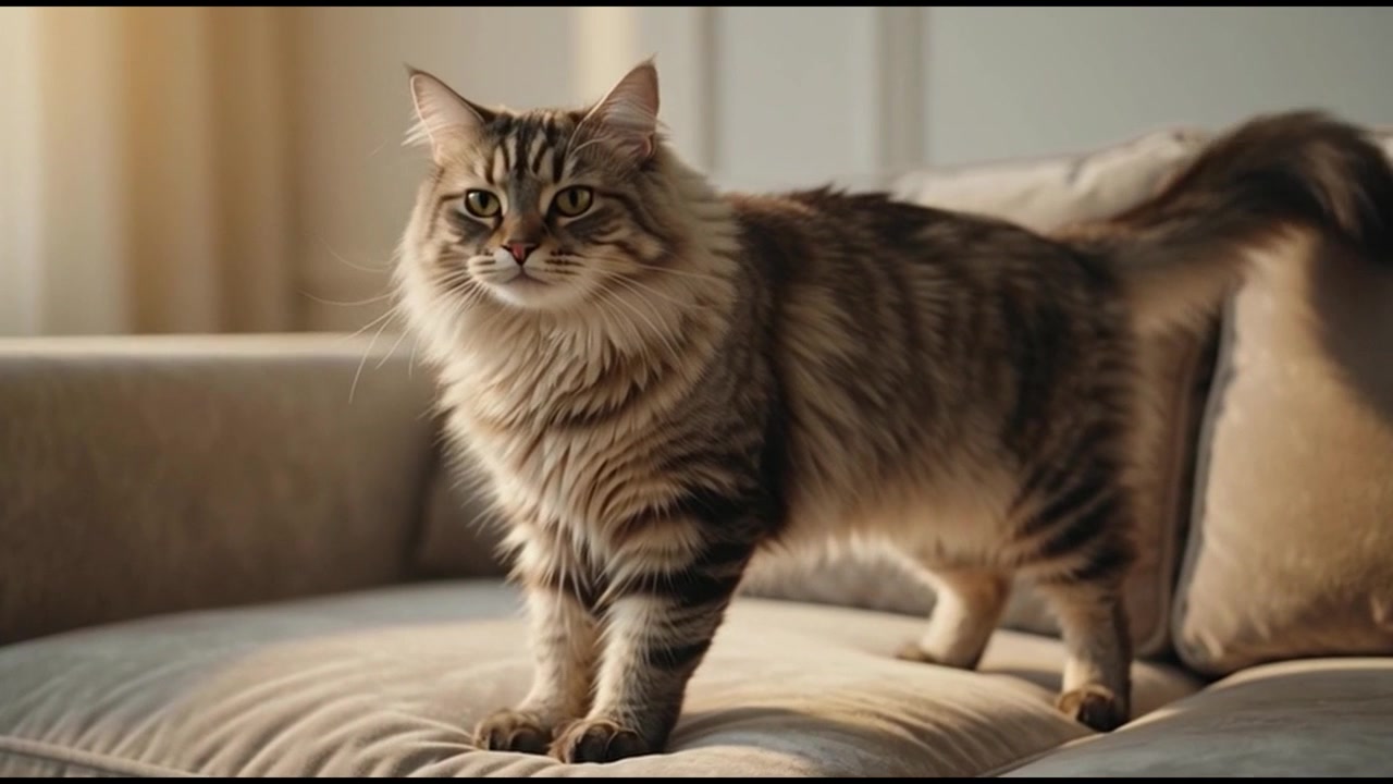 Gatto tigrato soffice che si allunga su un comodo divano