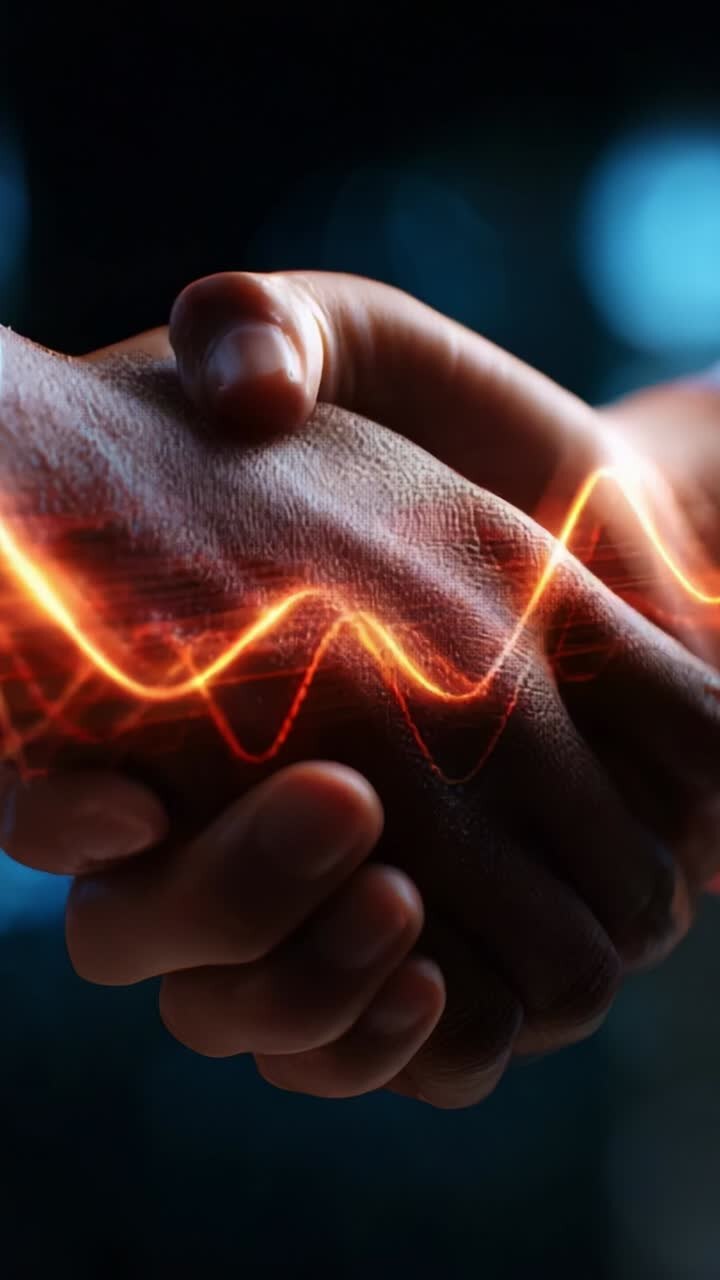 A Dynamic Connection: Two Hands Embracing with Energy Waves Depicting Trust, Togetherness, and Synergy in a Visual Representation of Unity and Cooperation