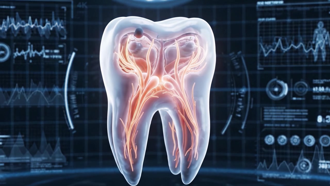 A Detailed Visualization of a Dental Tooth Rendered in a Futuristic Digital Environment Showcasing Health Metrics and Anatomical Features
