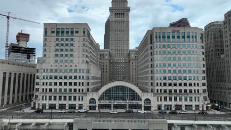 Cleveland-OH-USA,-Drone-Shot-of-Terminal-Tower-Residences-and-Tower-City-Center-on-Cloudy-Day