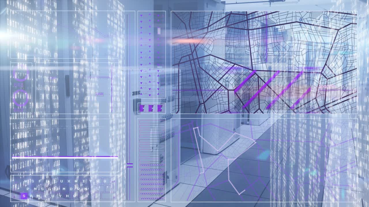Animation of moving columns with data processing over server room