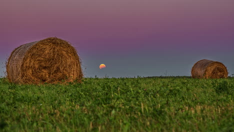 dos grandes pajares en praderas verdes en la noche con cielo morado y rosa