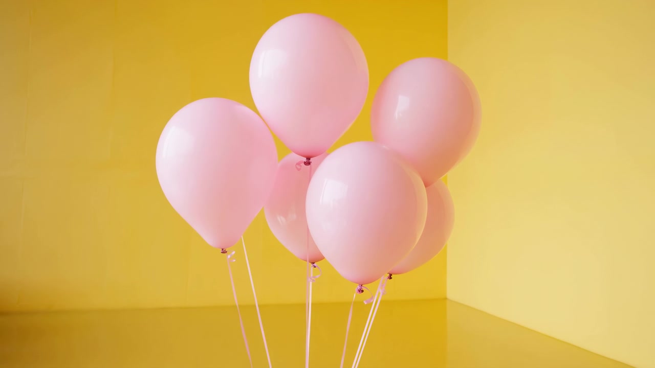 Palloncini rosa su sfondo giallo, scena da studio minimale con palloncini a elio raggruppati, morbidi e lucidi
