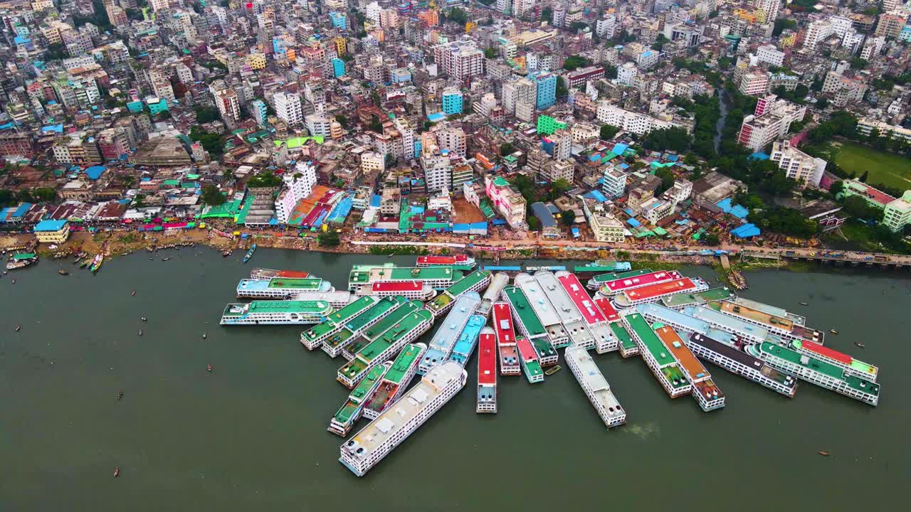 Sadarghat ship terminal on Buriganga River, Dhaka, Bangladesh. Aerial elevated view