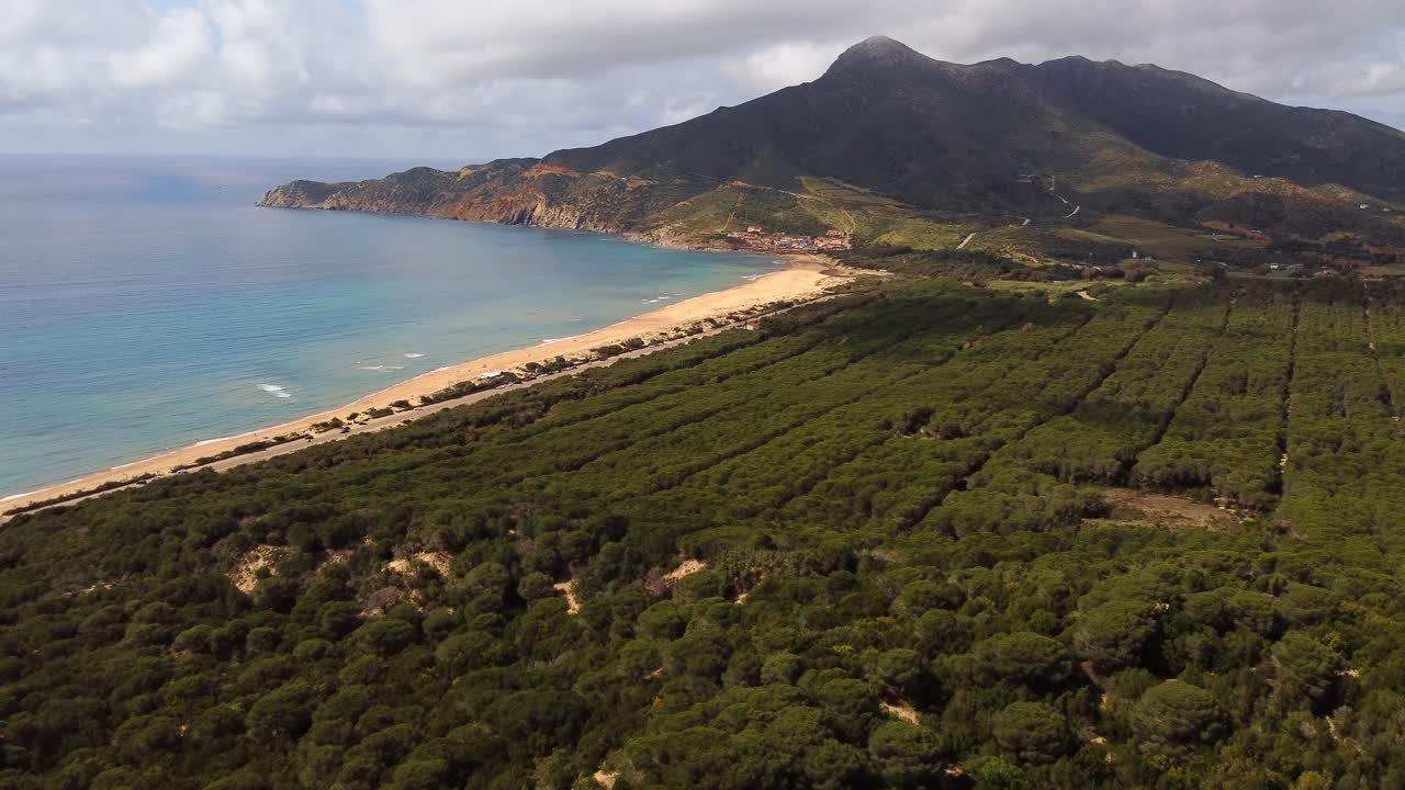 4k aerial view of beach of San Nicolo' in Buggerru, Sardinia, establishing